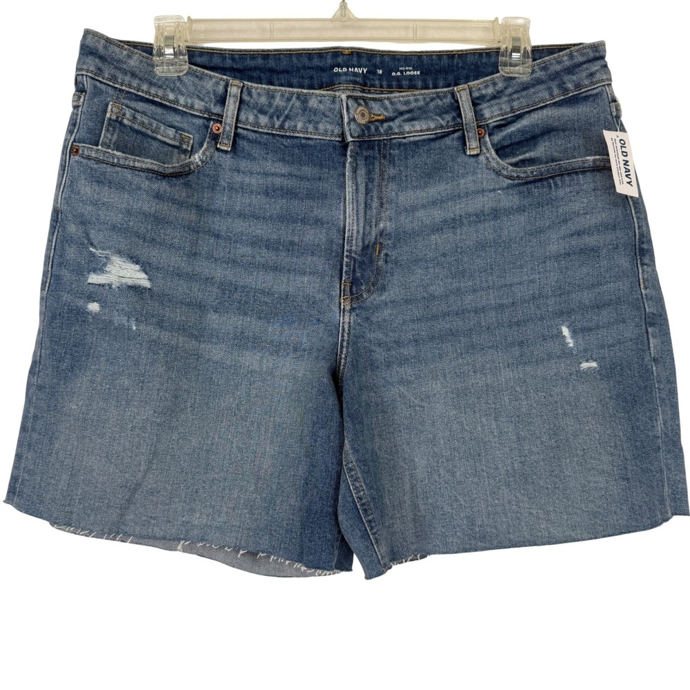 Old Navy OG Loose Denim Shorts Womens 18 Blue Mid Rise Distressed Raw Hem NEW - Picture 1 of 10